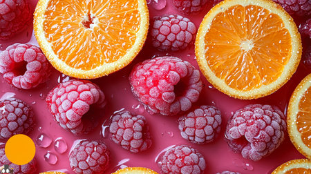 Juicy raspberries and orange slices creatively arranged on a bright pink background, highlighting vibrant colors and freshness.の素材