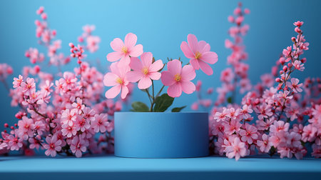 A close-up of delicate pink flowers blooming in a minimalist ceramic vase, placed on a soft pastel blue background.の素材