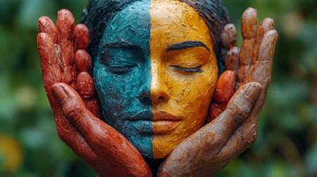 A close-up portrait of a face painted in vibrant colors, blending abstract art with human expression.の素材