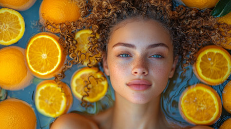 A creative portrait of a woman lying on a citrus-themed arrangement of oranges and grapefruits, creating a bright and vibrant image.の素材