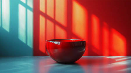 Modern minimalist composition featuring a red bowl illuminated by sunlight with dramatic shadows, emphasizing simplicity and elegance.の素材