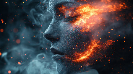 A dramatic abstract profile of a woman merging into fiery textures, illuminated by glowing light, symbolizing intensity and imagination.の素材