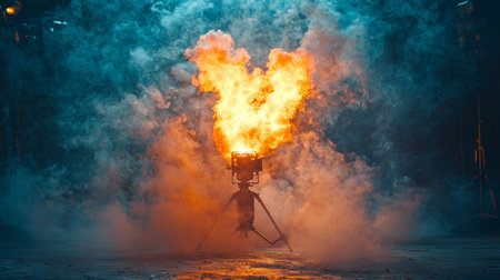 A dramatic fire performer in a cloud of glowing smoke, creating an intense and surreal artistic scene.の素材