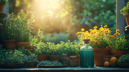 A tranquil garden scene featuring fresh herbs and yellow flowers, glowing under warm sunlight, evoking natural beauty.の素材