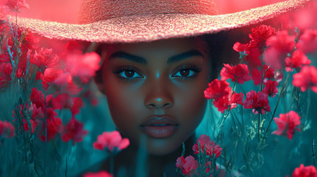 A serene portrait of a woman wearing a straw hat amidst vibrant red flowers, illuminated by soft glowing sunlight.の素材