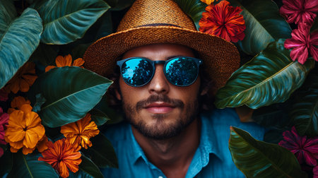 A vibrant portrait of a man wearing sunglasses and a hat, surrounded by glowing tropical plants and flowers in a lively setting.の素材