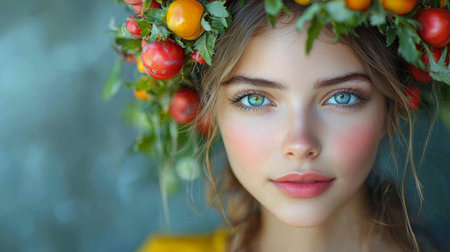A serene portrait of a woman wearing a glowing crown of fruits and flowers, creating a natural and ethereal effect.の素材