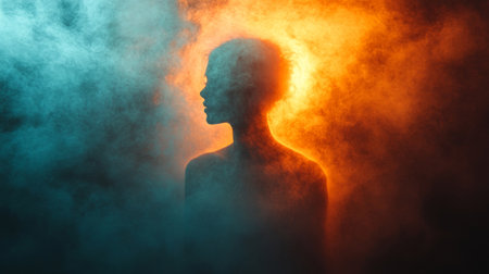 A mysterious silhouette of a man enveloped in glowing orange and blue mist, creating a dramatic and ethereal atmosphere.の素材