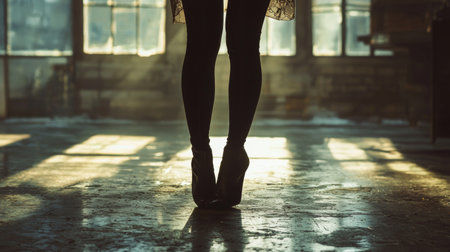 A moody silhouette of a woman's legs with warm sunlight streaming through, creating an artistic and serene atmosphere.の素材