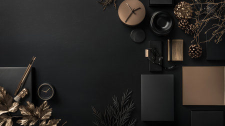 A dramatic dark monochromatic still life featuring modern decorative objects arranged creatively on a textured surface.の素材