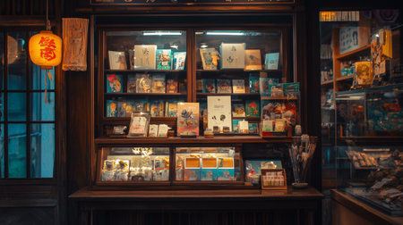A charming scene of a cozy bookstore, illuminated by warm lighting, filled with books and vintage decor elements.の素材