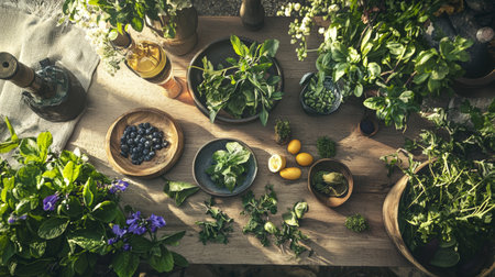 A rustic flat lay featuring fresh herbs, vegetables, and natural ingredients arranged beautifully on a wooden surface.の素材