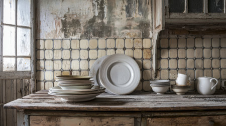 A rustic kitchen setup featuring vintage crockery and utensils arranged on a weathered wooden table.の素材