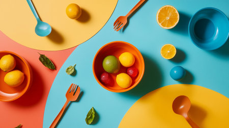 A cheerful and playful arrangement of colorful tableware with fresh fruits on a bright backdrop, creating a lively scene.の素材