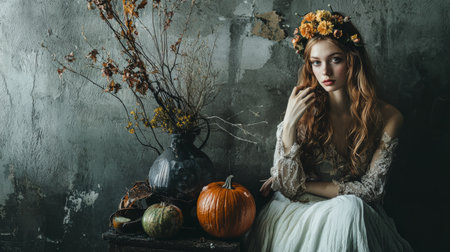 A warm and rustic still life featuring pumpkins, dried branches, and seasonal decor, evoking the charm of autumn.の素材