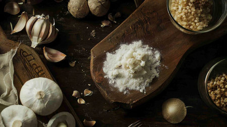 A rustic wooden table featuring fresh ingredients and spices arranged for cooking, creating a natural and culinary aesthetic.の素材