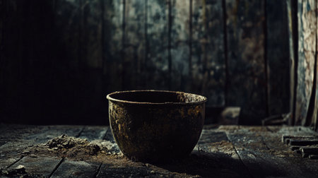 A rustic ceramic bowl placed on a dark textured surface, creating a moody and minimalist still life composition.の素材