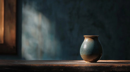 A single rustic pottery piece placed on a textured surface, beautifully illuminated by soft light from a nearby window.の素材