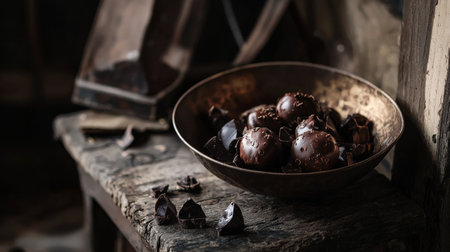 A rustic metal bowl filled with chestnuts, placed on a weathered workbench under soft atmospheric lighting.の素材