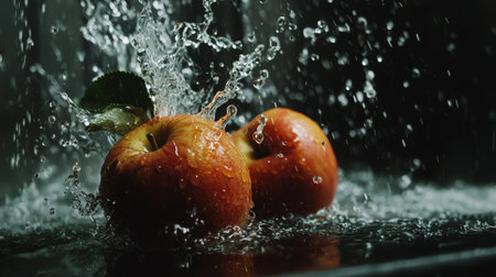 Fresh apples caught mid-splash in water, illuminated by natural light, creating a dynamic and refreshing scene.の素材