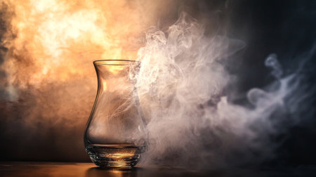 A glass pitcher releasing vapor, illuminated by dramatic lighting for a bold and atmospheric composition.の素材