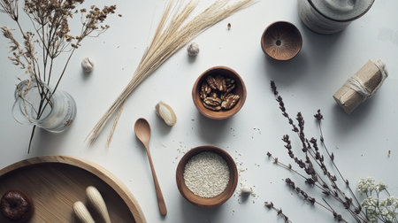 A flat lay of natural ingredients, lavender, and a wrapped gift, creating an eco-friendly and rustic aesthetic.の素材