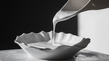 A dynamic black-and-white composition capturing milk splashing into a bowl, emphasizing contrast and motion.の素材
