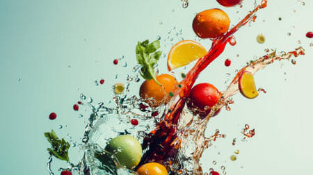 A dynamic shot of colorful fruits splashing in water, captured mid-motion, with vibrant and energetic visuals.の素材