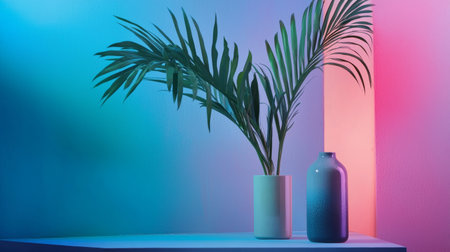 A tropical composition of palm leaves in glass vases, set against a colorful gradient backdrop, creating a vibrant and modern aesthetic.の素材