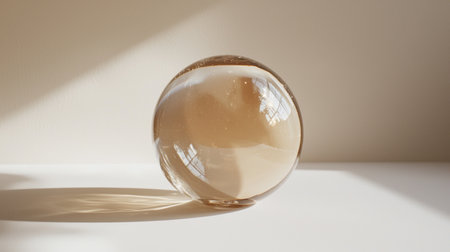 A minimalist composition featuring a glass orb on a light surface, casting soft and intricate shadows.の素材