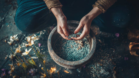 A traditional scene of hands preparing rice in a rustic setting, with textured decor and natural lighting.の素材