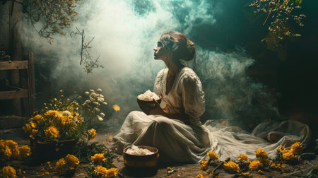 A woman in a light dress sitting in a dreamy meadow surrounded by yellow flowers and soft mist, creating an ethereal scene.の素材