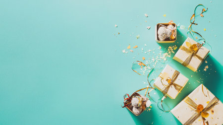 A festive arrangement of elegant gift boxes tied with ribbons, surrounded by golden accents and holiday-themed decor.の素材