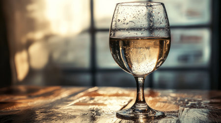 A crystal wine glass elegantly reflecting golden sunlight, placed on a rustic wooden surface for a timeless look.の素材
