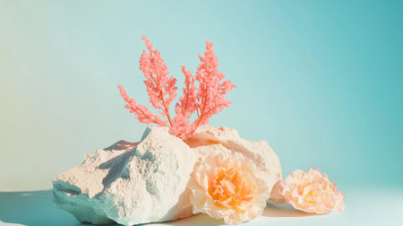 A coastal-inspired arrangement of coral and seashells on a soft blue background, evoking a serene oceanic vibe.の素材