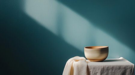 A modern minimalist cup set on a green surface, with dynamic shadows creating an artistic and intriguing effect.の素材