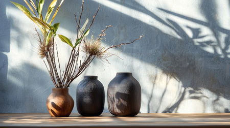 A minimalist arrangement of pottery vases casting artistic shadows on a white wall, creating a calm and stylish scene.の素材