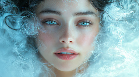 A captivating close-up portrait of a woman surrounded by ethereal fog, blending beauty and mystery.の素材