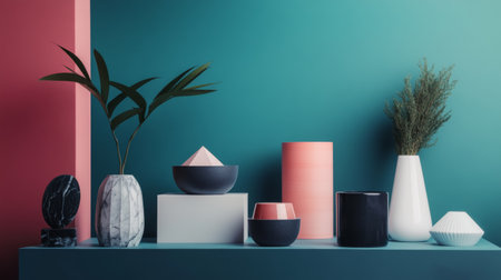 A creative modern decor arrangement featuring colorful geometric shapes and vases, exuding a playful and stylish vibe.の素材