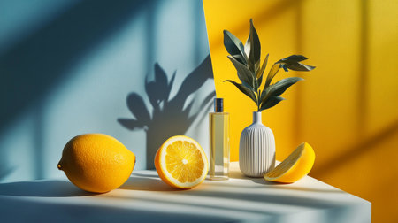 A bright and fresh arrangement featuring lemons and a modern vase, softly lit by natural sunlight against a bold backdrop.の素材