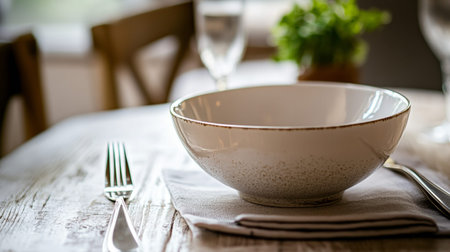 A minimalist dining table arrangement featuring a white bowl, wooden table, and soft natural lighting, emphasizing simplicity.の素材