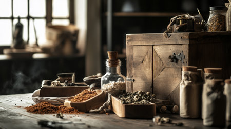 A rustic kitchen setup showcasing freshly baked bread, vintage utensils, and wooden textures in warm lighting.の素材