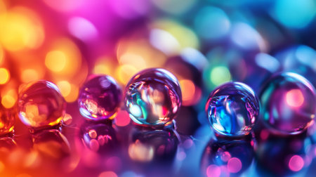 A dynamic close-up shot of colorful glass marbles, illuminated by vibrant and playful lighting effects.の素材