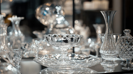 A collection of crystal glassware arranged on a luxurious tabletop, illuminated with sparkling lighting.の素材