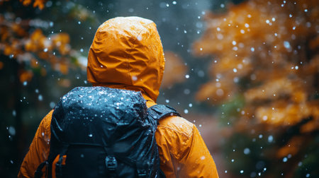 A vibrant scene of a hiker in a yellow raincoat trekking through a forest, surrounded by autumn foliage and gentle snowfall.の素材