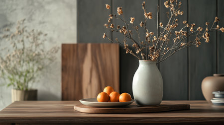 A cozy still life arrangement featuring a white vase, a wooden cutting board, and fresh oranges on a rustic table in soft natural light.の素材