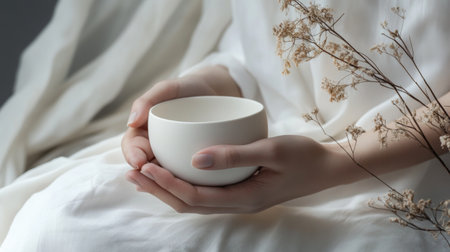 A serene scene of a woman holding a white ceramic cup next to delicate dried flowers under soft lighting.の素材