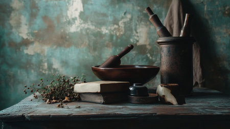 A rustic mortar and pestle placed on a vintage kitchen counter with herbs and spices in natural light.の素材