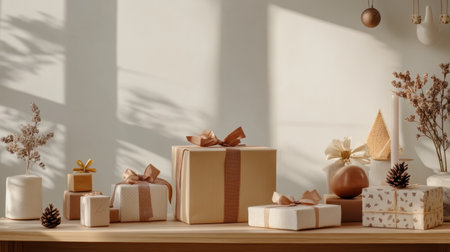 A minimalist arrangement of gift boxes on a wooden table, bathed in soft natural sunlight, creating a warm and inviting atmosphere.の素材