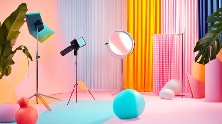 A vibrant photography studio with a colorful lighting setup, props, and modern equipment, creating a dynamic creative environment.の素材